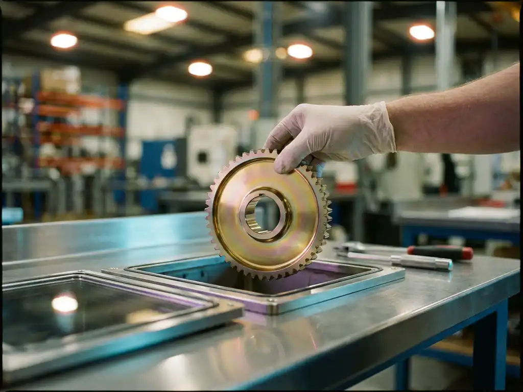 Präzisionsbauteil mit irisierender Gold-Platin-PVD-Beschichtung auf Edelstahl-Werkbank in industrieller Werkstatt.
