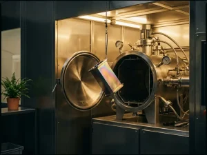 Metallbauteil mit goldig-schimmernder PVD-Beschichtung aus einer Vakuumkammer, umgeben von Edelstahlausrüstung.