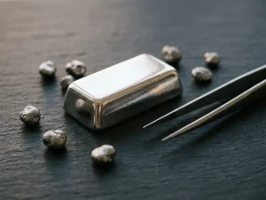 Polierter Rhodium-Barren mit spiegelnder Oberfläche auf dunklem Schiefertisch, umgeben von Platinmetall-Granulat und Industriepinzette.