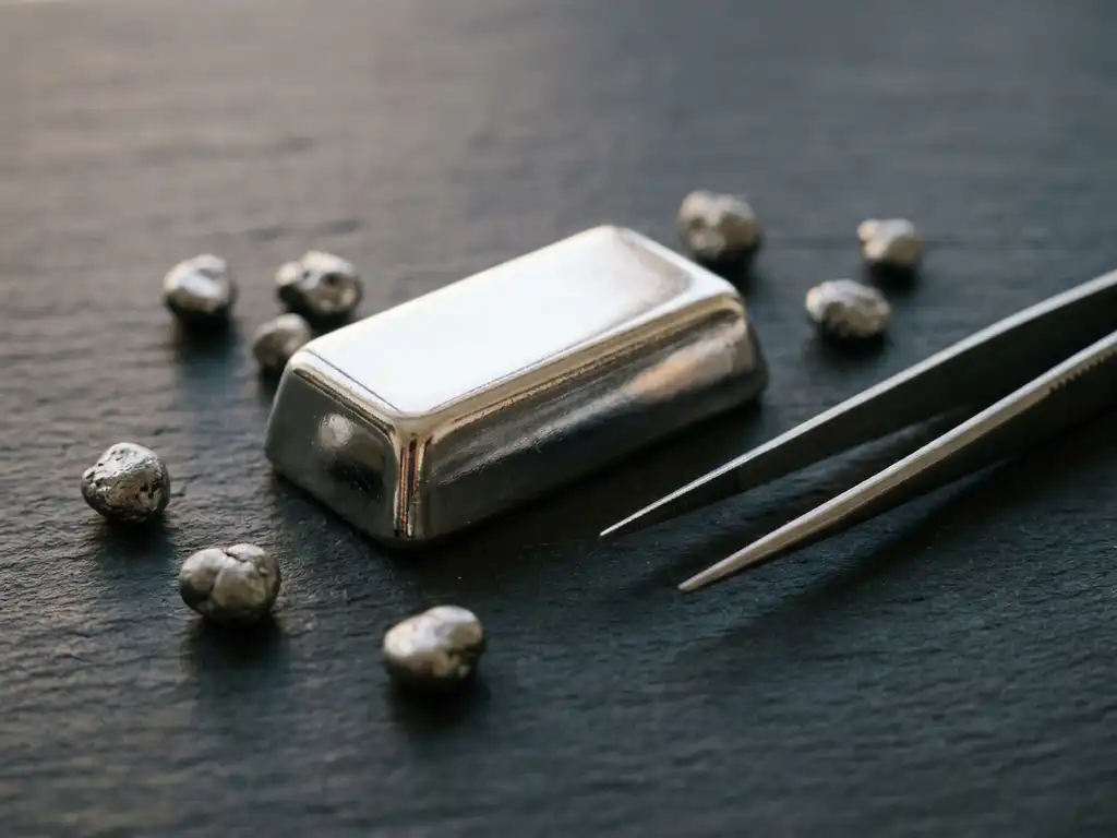 Polierter Rhodium-Barren mit spiegelnder Oberfläche auf dunklem Schiefertisch, umgeben von Platinmetall-Granulat und Industriepinzette.