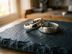 Polierter rhodinierter Silberring auf dunklem Schieferstein, mit spiegelnder Oberfläche und feinen Kratzern auf dem Nachbarstück.