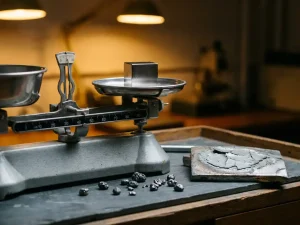 Rhodiumbeschichtetes Bauteil auf Präzisionswaage im Metalllabor, umgeben von Platingruppenmetall-Granulaten und matter Oberfläche.