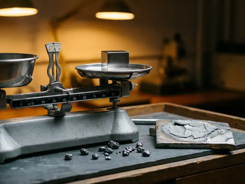 Rhodiumbeschichtetes Bauteil auf Präzisionswaage im Metalllabor, umgeben von Platingruppenmetall-Granulaten und matter Oberfläche.