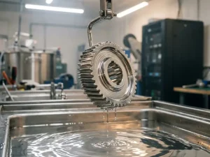 Metallbauteil wird aus Rhodium-Galvanikbad gehoben, silbrige Flüssigkeit tropft von spiegelnder Oberfläche in Präzisionswerkstatt.
