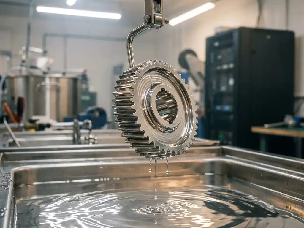 Metallbauteil wird aus Rhodium-Galvanikbad gehoben, silbrige Flüssigkeit tropft von spiegelnder Oberfläche in Präzisionswerkstatt.