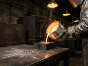 Schmelztiegel mit flüssigem Gold wird in einer professionellen Raffinerie gegossen, metallische Rückstände auf Stahloberfläche sichtbar.
