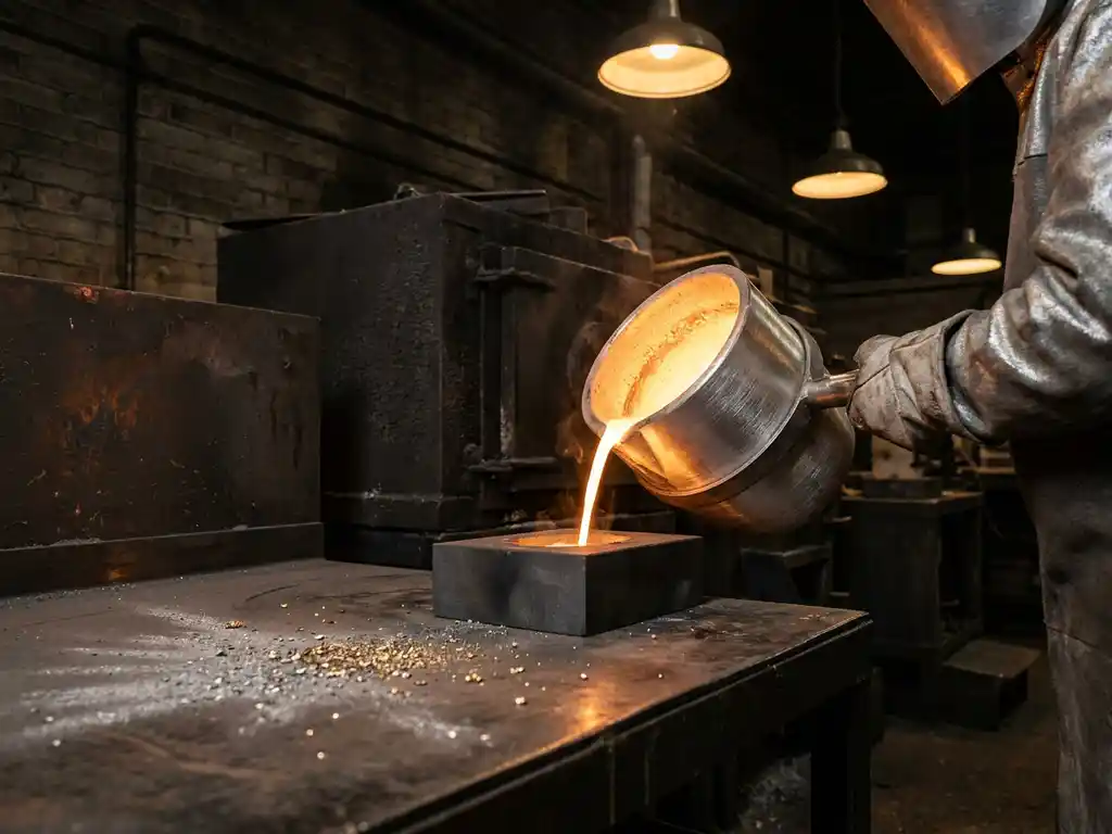 Schmelztiegel mit flüssigem Gold wird in einer professionellen Raffinerie gegossen, metallische Rückstände auf Stahloberfläche sichtbar.