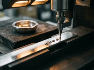 Silberbeschichteter Solarzellen-Kontaktfinger bei Präzisionsbeschichtung mit Edelmetall-Tröpfchen im industriellen Makro-Nahaufnahme.