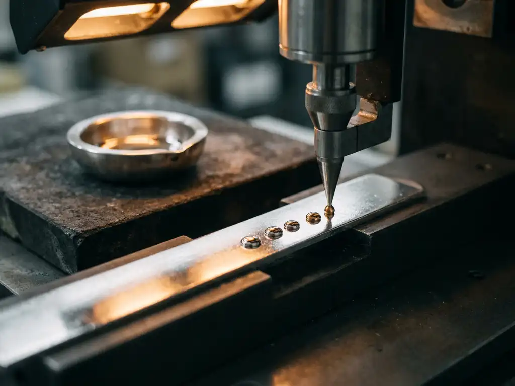 Silberbeschichteter Solarzellen-Kontaktfinger bei Präzisionsbeschichtung mit Edelmetall-Tröpfchen im industriellen Makro-Nahaufnahme.