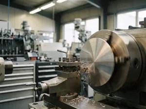 Silbernes Sputtertarget wird auf einer Metalldrehmaschine präzisionsbearbeitet, feine Metallspäne kräuseln sich von der glänzenden Scheibe.