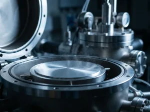Silbernes Sputtertarget in geöffneter Vakuumkammer mit sichtbaren Metallpartikeln in der Luft, dramatische Beleuchtung von links.