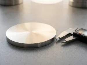 Poliertes kreisförmiges Sputtertarget aus Edelmetall neben einem Präzisionskaliper auf einer Laboroberfläche.