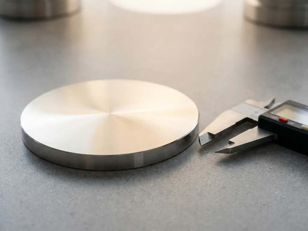 Poliertes kreisförmiges Sputtertarget aus Edelmetall neben einem Präzisionskaliper auf einer Laboroberfläche.