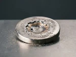 Abgenutztes Sputtertarget aus Edelmetall mit kraterartig erodierten Oberflächen auf Edelstahlwerkbank, feine Metallpartikel sichtbar.
