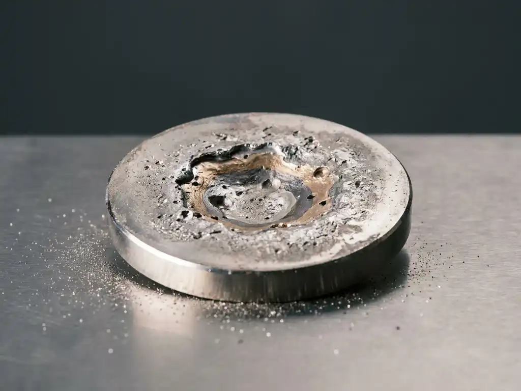 Abgenutztes Sputtertarget aus Edelmetall mit kraterartig erodierten Oberflächen auf Edelstahlwerkbank, feine Metallpartikel sichtbar.