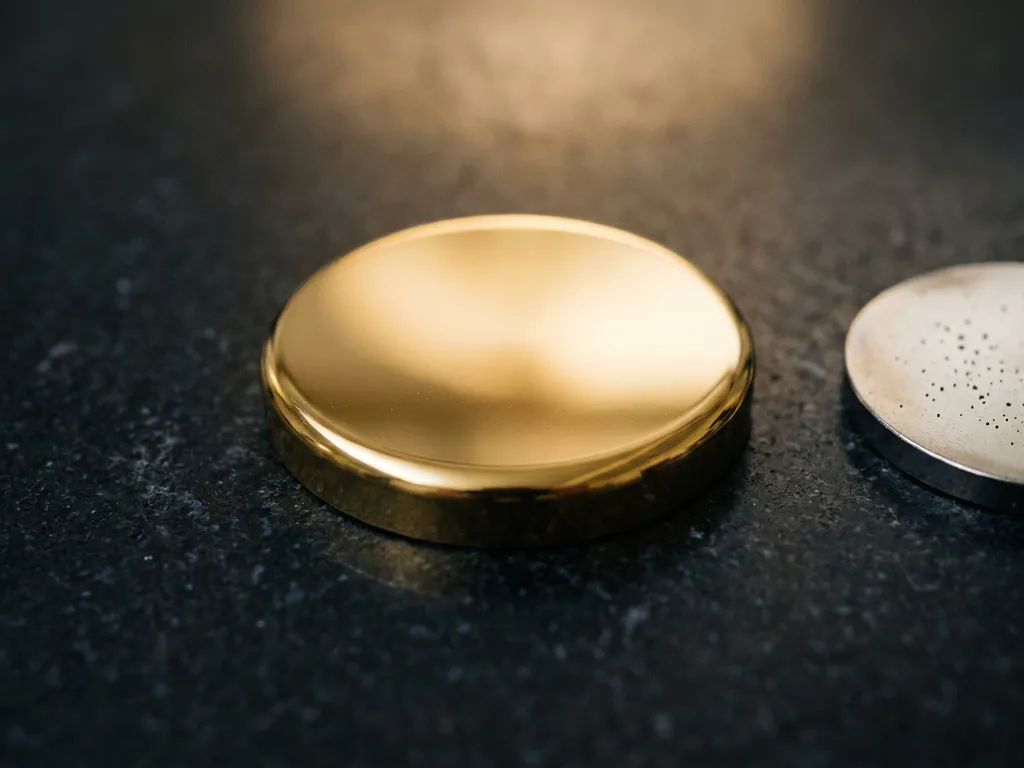 Poliertes kreisförmiges Sputtertarget aus Platin auf dunkler Präzisionsplatte mit spiegelnder Oberfläche und sichtbaren Verunreinigungen auf Vergleichsprobe.