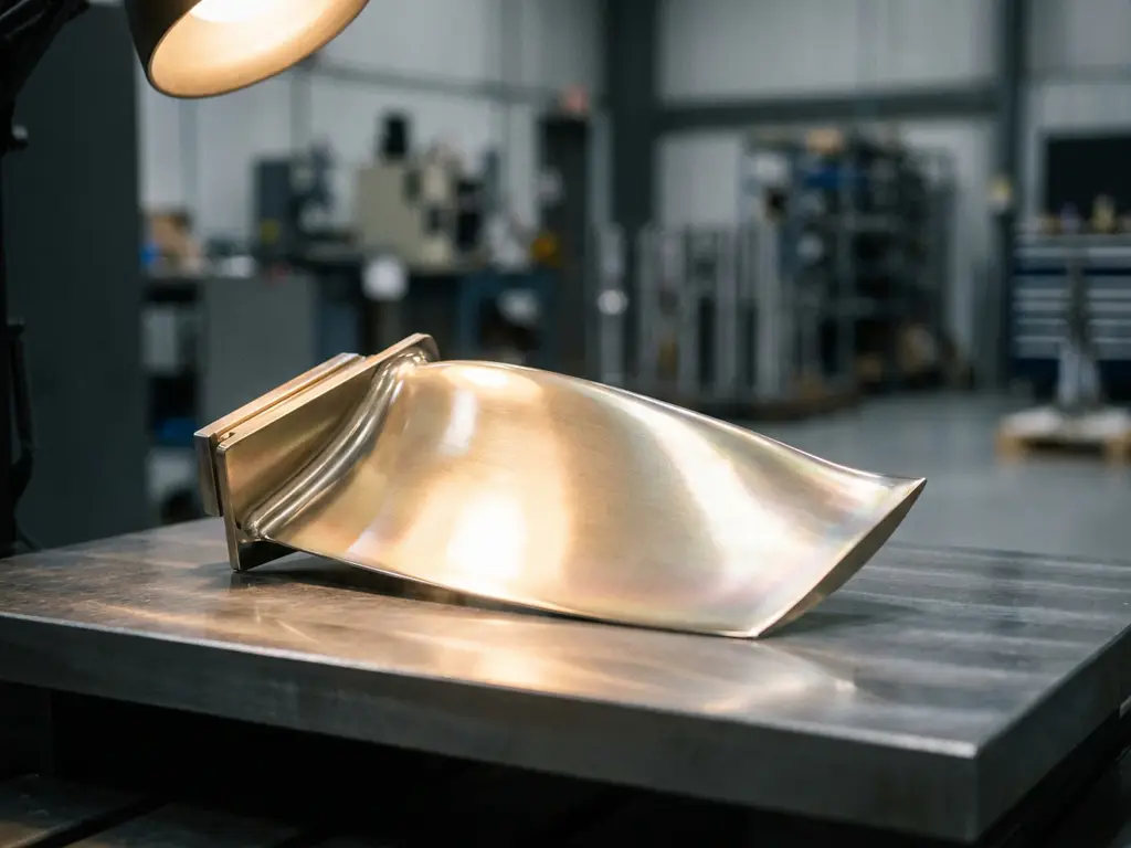 Polierte Turbinenschaufel mit goldener Legierungsbeschichtung auf Metallunterlage, warmes Spotlight betont die spiegelnde Oberfläche.