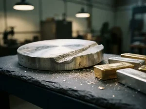 Abgenutztes rundes Sputtertarget aus Edelmetall mit Erosionsrille neben frisch gegossenen Barren auf dunklem Schiefer, metallischer Staub deutet auf Rückgewinnung hin.