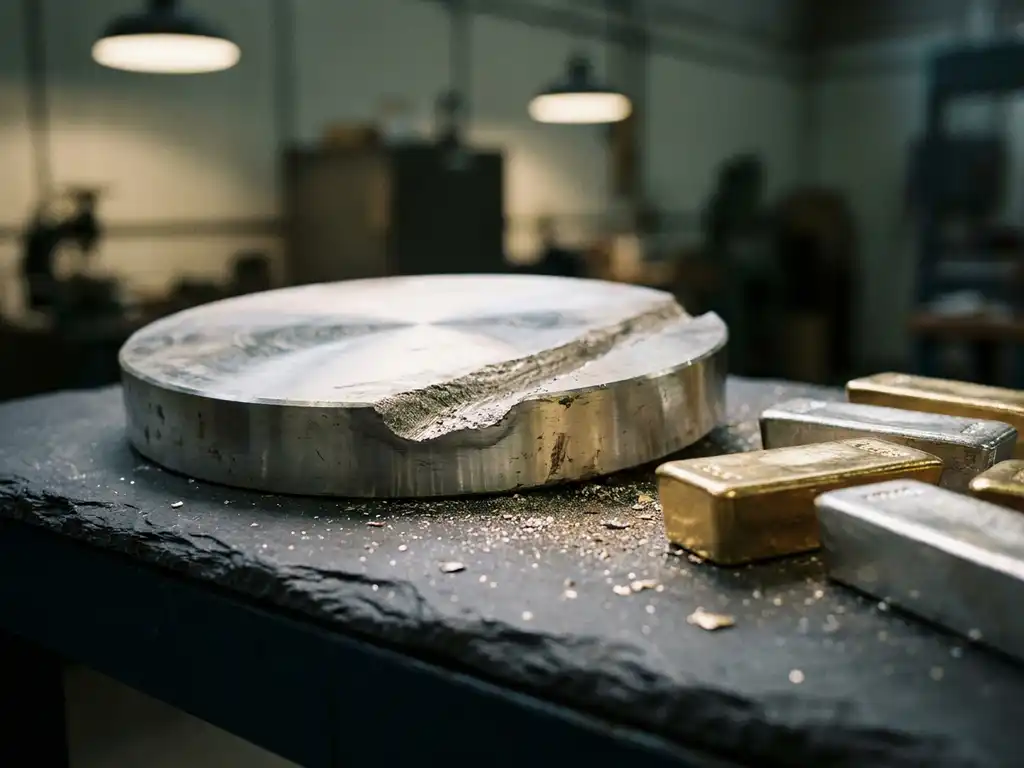 Abgenutztes rundes Sputtertarget aus Edelmetall mit Erosionsrille neben frisch gegossenen Barren auf dunklem Schiefer, metallischer Staub deutet auf Rückgewinnung hin.