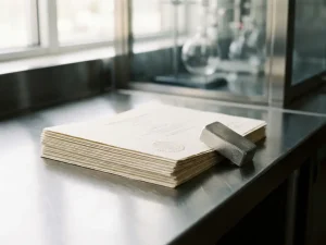 Zertifizierungsdokumente mit geprägten Siegeln auf Stahloberfläche, daneben ein kleiner Platinbarren als Briefbeschwerer.
